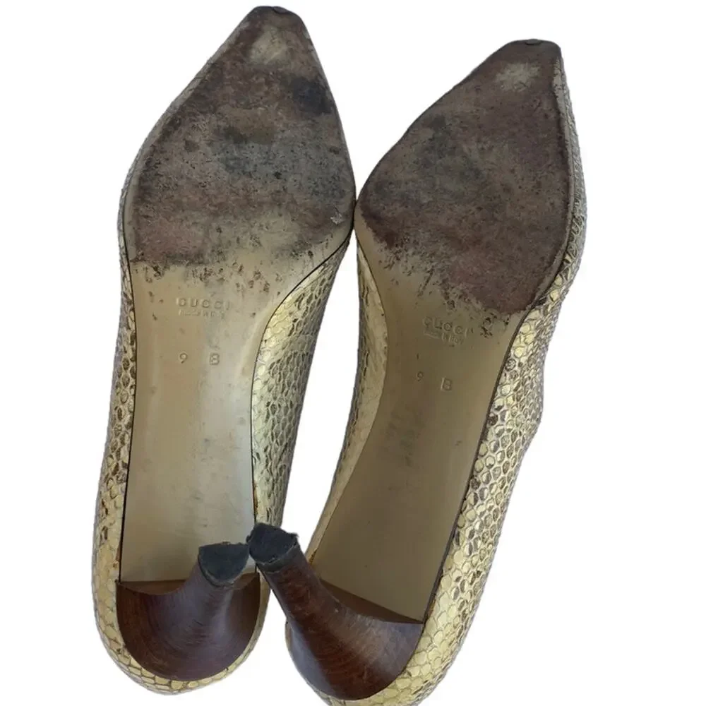 Vintage Gucci Tan Snakeskin Snip Toe Slip On Classic Heeled Pumps Size 9B - Picture 8 of 10